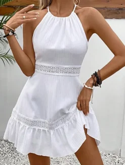 Online Women's Mini Dress White Dress Casual Dress A Line Dress Stylish Basic Casual Vacation Daily Date Regular Fit Plain Sleeveless Halter Neck White Fuchsia Summer Spring Women White Dresses