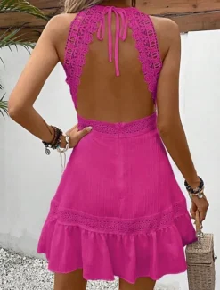 Online Women's Mini Dress White Dress Casual Dress A Line Dress Stylish Basic Casual Vacation Daily Date Regular Fit Plain Sleeveless Halter Neck White Fuchsia Summer Spring Women White Dresses