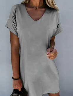 New Women's Mini Dress White Dress Shirt Dress T Shirt Dress Tee Dress Summer Dress Active Fashion Modern Outdoor Vacation Daily Loose Fit Plain Short Sleeve V Neck Black White Gray Summer Spring Women White Dresses