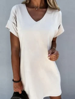 New Women's Mini Dress White Dress Shirt Dress T Shirt Dress Tee Dress Summer Dress Active Fashion Modern Outdoor Vacation Daily Loose Fit Plain Short Sleeve V Neck Black White Gray Summer Spring Women White Dresses