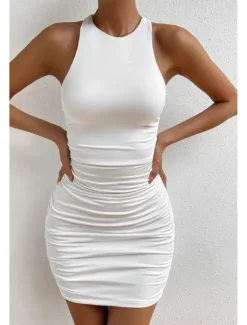 Outlet Women's Mini Dress Dress Graduation Dress Sheath Dress Fashion Birthday Graduation Date Regular Fit Plain Sleeveless Crew Neck Summer Women White Dresses