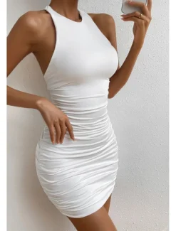 Outlet Women's Mini Dress Dress Graduation Dress Sheath Dress Fashion Birthday Graduation Date Regular Fit Plain Sleeveless Crew Neck Summer Women White Dresses