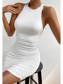 Outlet Women's Mini Dress Dress Graduation Dress Sheath Dress Fashion Birthday Graduation Date Regular Fit Plain Sleeveless Crew Neck Summer Women White Dresses
