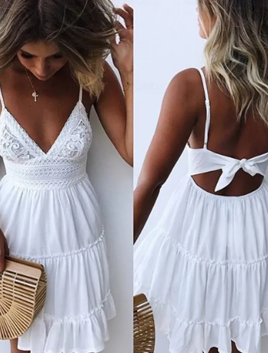 Outlet Women's Mini Dress White Dress Graduation Dress Lace Dress Casual Dress Streetwear Sexy Vacation Street Holiday Loose Fit Sleeveless Strap White Pink Summer Women White Dresses