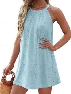 Best Women's Mini Dress White Dress Casual Dress Tank Dress Basic Casual Vacation Daily Regular Fit Plain Sleeveless Halter Neck Black White Pink Sky Blue Summer Women White Dresses