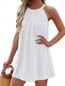 Best Women's Mini Dress White Dress Casual Dress Tank Dress Basic Casual Vacation Daily Regular Fit Plain Sleeveless Halter Neck Black White Pink Sky Blue Summer Women White Dresses