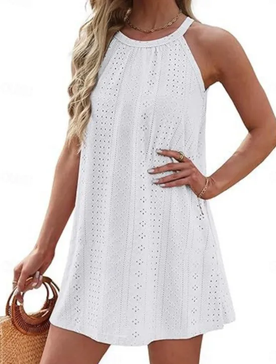 Best Women's Mini Dress White Dress Casual Dress Tank Dress Basic Casual Vacation Daily Regular Fit Plain Sleeveless Halter Neck Black White Pink Sky Blue Summer Women White Dresses