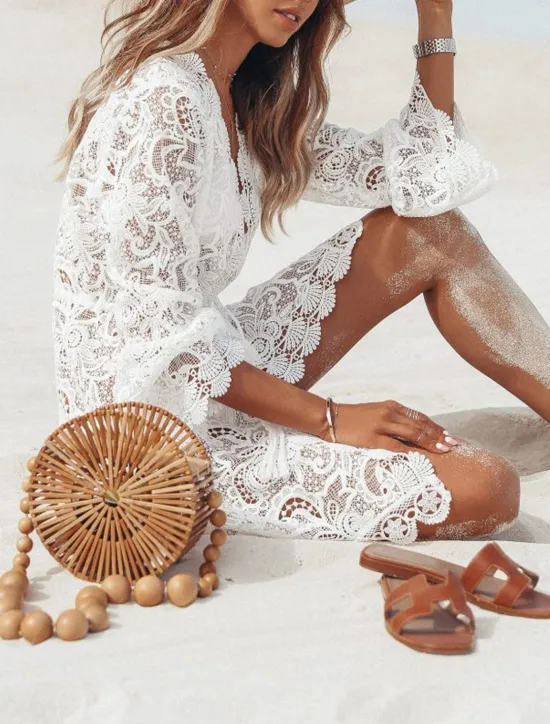 Discount Women's Mini Dress White Dress Lace Dress Boho Dress Cover Up Fashion Casual Boho Flare Cuff Sleeve Outdoor Vacation Beach Loose Fit Plain Long Sleeve V Neck Black White Summer Spring Women White Dresses