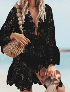 Discount Women's Mini Dress White Dress Lace Dress Boho Dress Cover Up Fashion Casual Boho Flare Cuff Sleeve Outdoor Vacation Beach Loose Fit Plain Long Sleeve V Neck Black White Summer Spring Women White Dresses