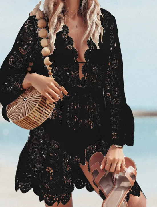 Discount Women's Mini Dress White Dress Lace Dress Boho Dress Cover Up Fashion Casual Boho Flare Cuff Sleeve Outdoor Vacation Beach Loose Fit Plain Long Sleeve V Neck Black White Summer Spring Women White Dresses