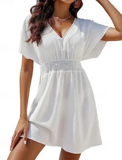 Discount Women's Mini Dress White Dress Casual Dress Summer Dress Fashion Batwing Sleeve Outdoor Holiday Date Regular Fit Plain Short Sleeve V Neck Black White Summer Spring Women White Dresses