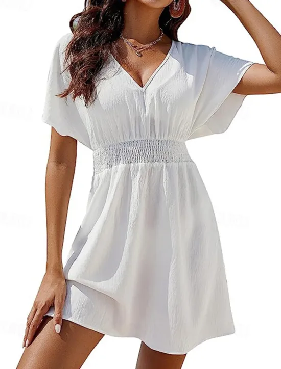 Discount Women's Mini Dress White Dress Casual Dress Summer Dress Fashion Batwing Sleeve Outdoor Holiday Date Regular Fit Plain Short Sleeve V Neck Black White Summer Spring Women White Dresses