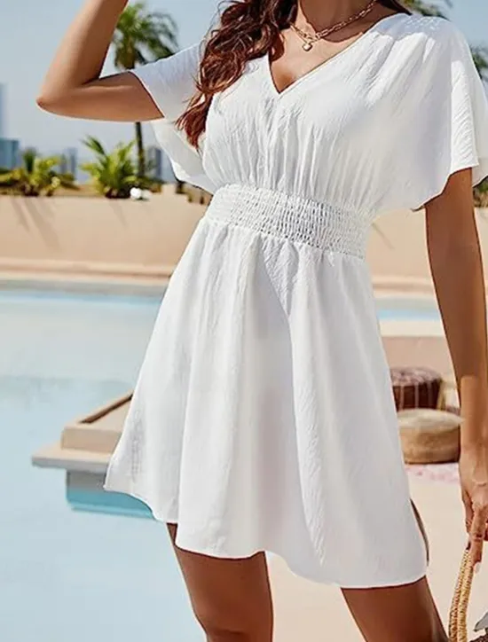 Discount Women's Mini Dress White Dress Casual Dress Summer Dress Fashion Batwing Sleeve Outdoor Holiday Date Regular Fit Plain Short Sleeve V Neck Black White Summer Spring Women White Dresses