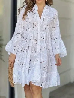 Clearance Women's Mini Dress Dress Lace Dress Casual Dress Summer Dress Streetwear Basic Street Date Loose Fit Long Sleeve Split Neck Summer Women White Dresses