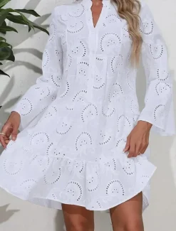 Clearance Women's Mini Dress Dress Lace Dress Casual Dress Summer Dress Streetwear Basic Street Date Loose Fit Long Sleeve Split Neck Summer Women White Dresses