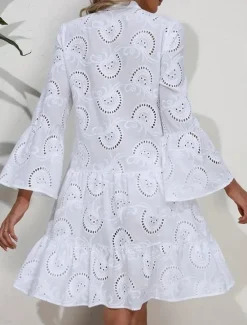 Clearance Women's Mini Dress Dress Lace Dress Casual Dress Summer Dress Streetwear Basic Street Date Loose Fit Long Sleeve Split Neck Summer Women White Dresses