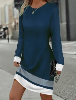 New Women's Mini Dress Winter Dress Stripe Print Crew Neck Daily Vacation Long Sleeve Fall Winter Women T Shirt Dresses
