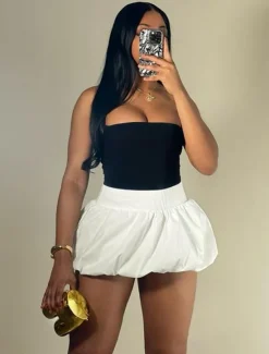 Women's Mini Skirt Bubble Skirt Sexy Mini High Waist Skirts Solid Colored Micro-elastic Vacation Party Evening Wear Black White Summer Polyester Women Skirts