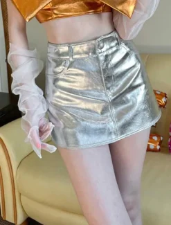 Clearance Women's Mini Skirt Sexy Mini Mid Waist Skirts Solid Colored Micro-elastic Party Evening Wear Date Night Outfits Silver Rose Red Summer Polyester Women Skirts