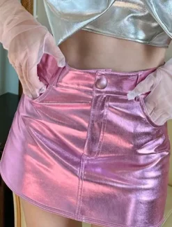 Clearance Women's Mini Skirt Sexy Mini Mid Waist Skirts Solid Colored Micro-elastic Party Evening Wear Date Night Outfits Silver Rose Red Summer Polyester Women Skirts