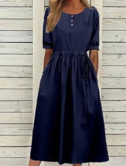 Best Women's Navy Blue Blue Light Purple Summer Spring Fall Midi Dress Casual Dress Swing Dress Basic Modern Casual Outdoor Daily Loose Fit Plain Crew Neck Women Work Dresses