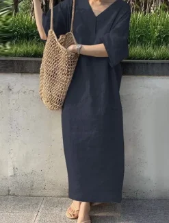 Discount Women's Navy Blue Orange Green Summer Spring Maxi Dress Linen-Inspired Dresses Casual Dress Basic Modern Daily Weekend Loose Fit Plain V Neck Women Dresses