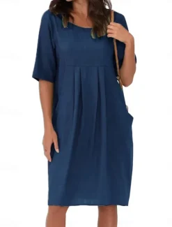 New Women's Navy Blue Sky Blue Green Summer Spring Mini Dress Linen-Inspired Dresses Casual Dress Basic Modern Daily Weekend Loose Fit Plain Crew Neck Women Dresses