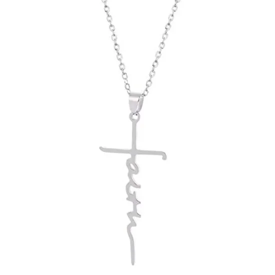Women's Necklace Faith Cross Jesus Stainless Steel Pendant Necklace Gold Silver Cross Necklace for Dainty Women Letters Decoration Jewelry Faith Grace Love Women Trendy Jewelry