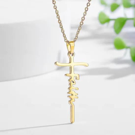 Women's Necklace Faith Cross Jesus Stainless Steel Pendant Necklace Gold Silver Cross Necklace for Dainty Women Letters Decoration Jewelry Faith Grace Love Women Trendy Jewelry