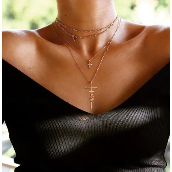 Women's Necklace Faith Cross Jesus Stainless Steel Pendant Necklace Gold Silver Cross Necklace for Dainty Women Letters Decoration Jewelry Faith Grace Love Women Trendy Jewelry