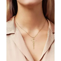 Women's Necklace Faith Cross Jesus Stainless Steel Pendant Necklace Gold Silver Cross Necklace for Dainty Women Letters Decoration Jewelry Faith Grace Love Women Trendy Jewelry