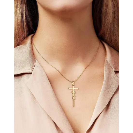 Women's Necklace Faith Cross Jesus Stainless Steel Pendant Necklace Gold Silver Cross Necklace for Dainty Women Letters Decoration Jewelry Faith Grace Love Women Trendy Jewelry