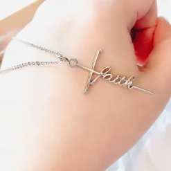 Women's Necklace Faith Cross Jesus Stainless Steel Pendant Necklace Gold Silver Cross Necklace for Dainty Women Letters Decoration Jewelry Faith Grace Love Women Trendy Jewelry