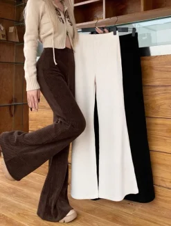 New Women's Normal Bell Bottom Fashion Classic Style Full Length High Waist Solid Color Patchwork Comfy Breathability Micro-elastic Black Apricot Coffee Spring & Fall Regular Fit Women Pants