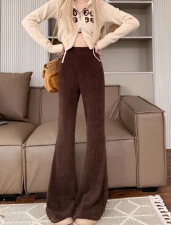 New Women's Normal Bell Bottom Fashion Classic Style Full Length High Waist Solid Color Patchwork Comfy Breathability Micro-elastic Black Apricot Coffee Spring & Fall Regular Fit Women Pants