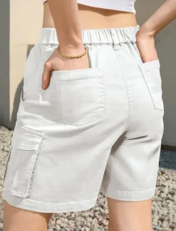 Discount Women's Normal Cargo Shorts Casual Daily Knee Length Medium Waist Solid Color Multi Pocket Comfy Quick Dry Moisture Wicking Micro-elastic Outdoor Black White Gray Summer Regular Fit Women Shorts