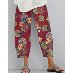 Women's Normal Chinos Slacks Pants Trousers Hawaiian Ethnic Style Ankle-Length Mid Waist Graphic Prints Flower / Floral Elastic Waist Sporty Baggy Comfort Micro-elastic Casual Daily Yellow Red Navy Women Pants