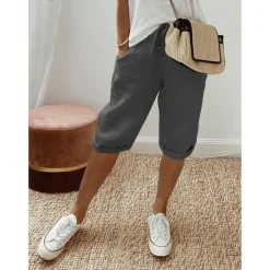 Clearance Women's Normal Cotton Linen Pants Chinos Casual Daily Knee Length Natural Solid Colored Pocket Drawstring Elastic Waist Breathability Comfortable Inelastic Vacation Casual Daily Navy-blue milk white Women Pants