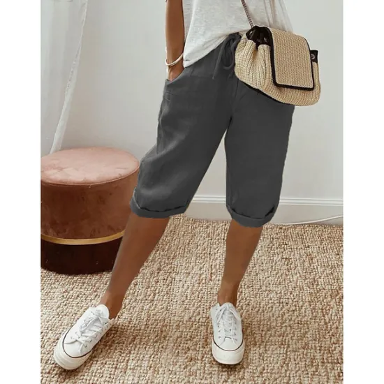 Clearance Women's Normal Cotton Linen Pants Chinos Casual Daily Knee Length Natural Solid Colored Pocket Drawstring Elastic Waist Breathability Comfortable Inelastic Vacation Casual Daily Navy-blue milk white Women Pants