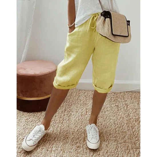 Clearance Women's Normal Cotton Linen Pants Chinos Casual Daily Knee Length Natural Solid Colored Pocket Drawstring Elastic Waist Breathability Comfortable Inelastic Vacation Casual Daily Navy-blue milk white Women Pants