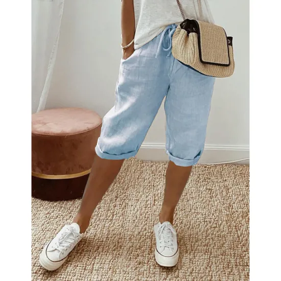 Clearance Women's Normal Cotton Linen Pants Chinos Casual Daily Knee Length Natural Solid Colored Pocket Drawstring Elastic Waist Breathability Comfortable Inelastic Vacation Casual Daily Navy-blue milk white Women Pants