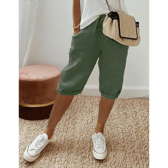 Clearance Women's Normal Cotton Linen Pants Chinos Casual Daily Knee Length Natural Solid Colored Pocket Drawstring Elastic Waist Breathability Comfortable Inelastic Vacation Casual Daily Navy-blue milk white Women Pants