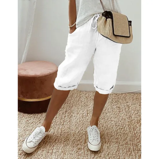 Clearance Women's Normal Cotton Linen Pants Chinos Casual Daily Knee Length Natural Solid Colored Pocket Drawstring Elastic Waist Breathability Comfortable Inelastic Vacation Casual Daily Navy-blue milk white Women Pants