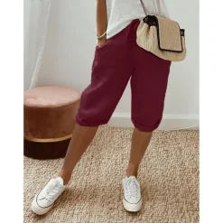 Clearance Women's Normal Cotton Linen Pants Chinos Casual Daily Knee Length Natural Solid Colored Pocket Drawstring Elastic Waist Breathability Comfortable Inelastic Vacation Casual Daily Navy-blue milk white Women Pants