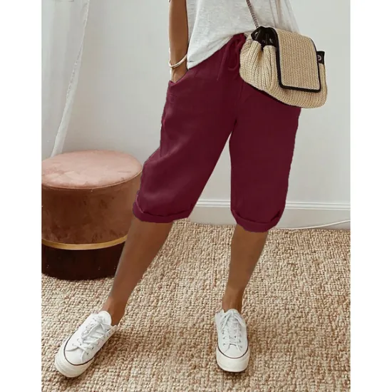 Clearance Women's Normal Cotton Linen Pants Chinos Casual Daily Knee Length Natural Solid Colored Pocket Drawstring Elastic Waist Breathability Comfortable Inelastic Vacation Casual Daily Navy-blue milk white Women Pants