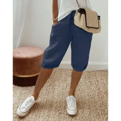 Clearance Women's Normal Cotton Linen Pants Chinos Casual Daily Knee Length Natural Solid Colored Pocket Drawstring Elastic Waist Breathability Comfortable Inelastic Vacation Casual Daily Navy-blue milk white Women Pants