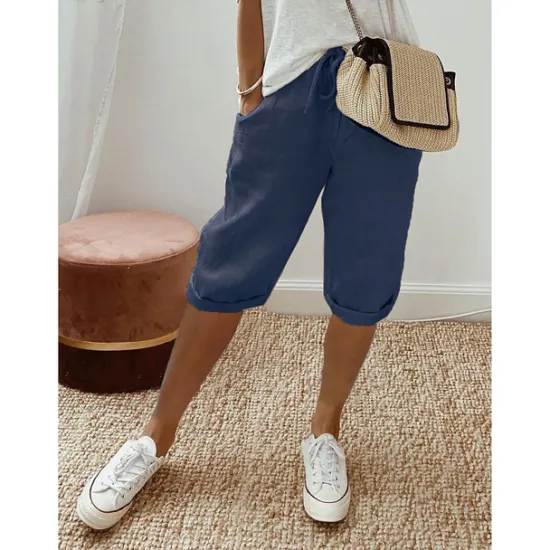 Clearance Women's Normal Cotton Linen Pants Chinos Casual Daily Knee Length Natural Solid Colored Pocket Drawstring Elastic Waist Breathability Comfortable Inelastic Vacation Casual Daily Navy-blue milk white Women Pants