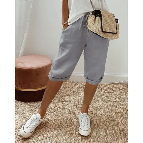 Clearance Women's Normal Cotton Linen Pants Chinos Casual Daily Knee Length Natural Solid Colored Pocket Drawstring Elastic Waist Breathability Comfortable Inelastic Vacation Casual Daily Navy-blue milk white Women Pants
