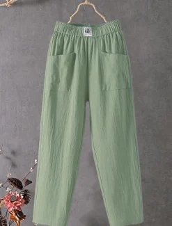 Women's Normal Cotton Linen Pants Chinos Baggy Pants Solid Comfort Ankle-Length Mid Waist Side Pockets Elastic Waist Baggy Comfort Micro-elastic Casual Daily Black White Red Green Summer Spring Fall Women Pants