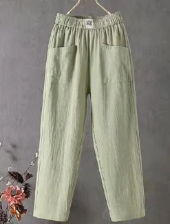 Women's Normal Cotton Linen Pants Chinos Baggy Pants Solid Comfort Ankle-Length Mid Waist Side Pockets Elastic Waist Baggy Comfort Micro-elastic Casual Daily Black White Red Green Summer Spring Fall Women Pants